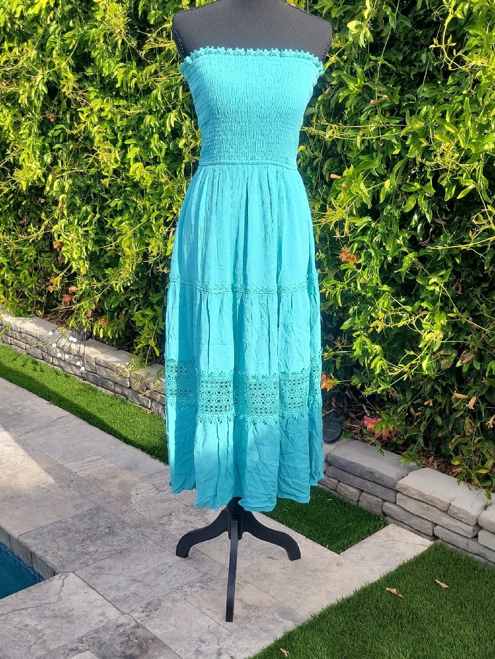 Teal Strapless Boho Coastal Cowgirl Tiered Flowy Maxi Dress S